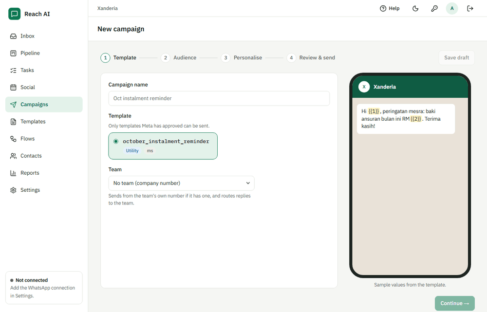 Creating a WhatsApp broadcast campaign in four steps, with a live preview of the message