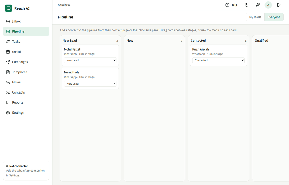 A drag-and-drop sales pipeline board with leads in New, Contacted and Qualified columns
