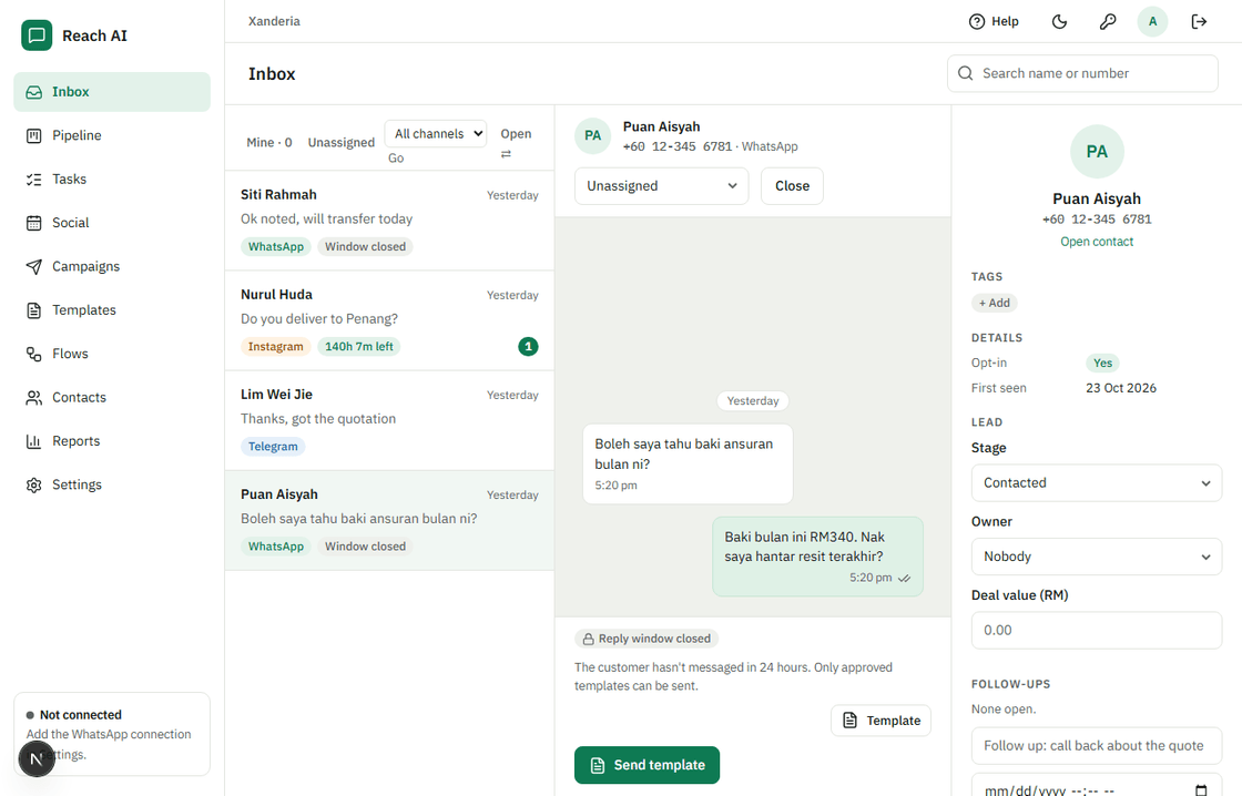 The Reach AI inbox, open on a WhatsApp conversation with the contact's lead stage and deal value alongside it