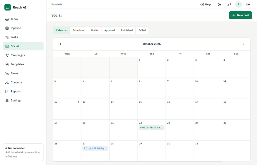 A content calendar showing Facebook and Instagram posts scheduled on specific dates
